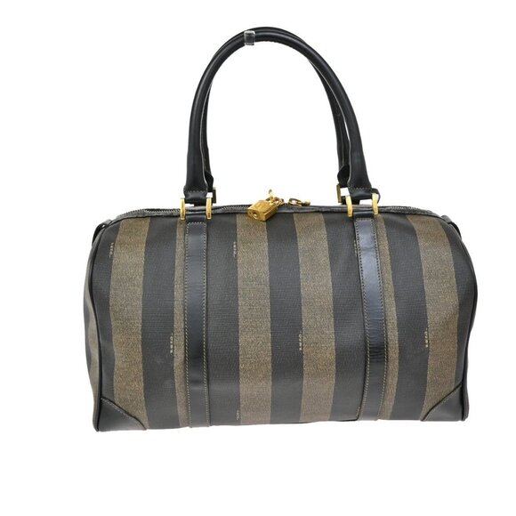 FENDI Logo Pequin Travel Hand Bag PVC Leather Black GHW Made in Italy 65KB280 - Picture 3 of 15